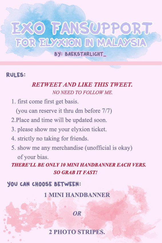 doystarlight's tweet photo. [Help RT]

EXO FANSUPPORT
By @baekstarlight_ 💞

🔅 7th July, Axiata Arena (you can reserve it thru DM).
🔅 Please Read T&amp;C on Pict below.
🔅 Feel free to exchange freebies.
🔅1 Person = 1 Mini Handbanner OR 2 Photostripes.

#ElyXiOnKL2018 #ElyXiOnInMalaysia https://t.co/p3YPRfKktJ