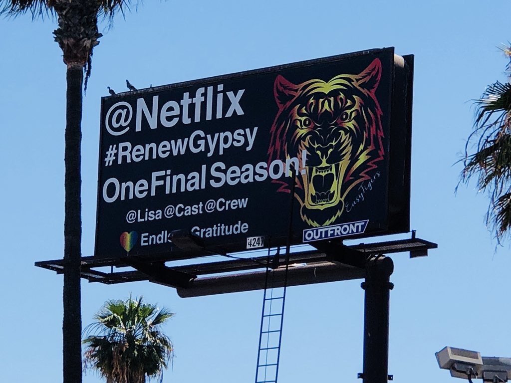 BringBackGypsy's tweet image. So, that’s 3 Billboards in LA California... and still radio silence from @netflix - maybe they just don’t value their LGBTQ viewers? What do you say about that @reedhastings #RenewGypsy #GypsyMatters
