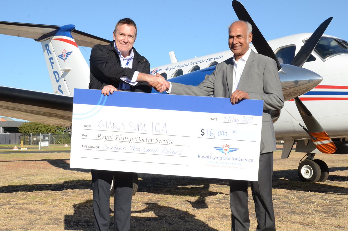 Our CEO Rashid Khan presenting a $16,000 cheque to the Royal Flying Doctor Service of Australia. Such a great Organisation who we are so proud to support. #royalflyingdoctorservice #khanssupaiga #givingback