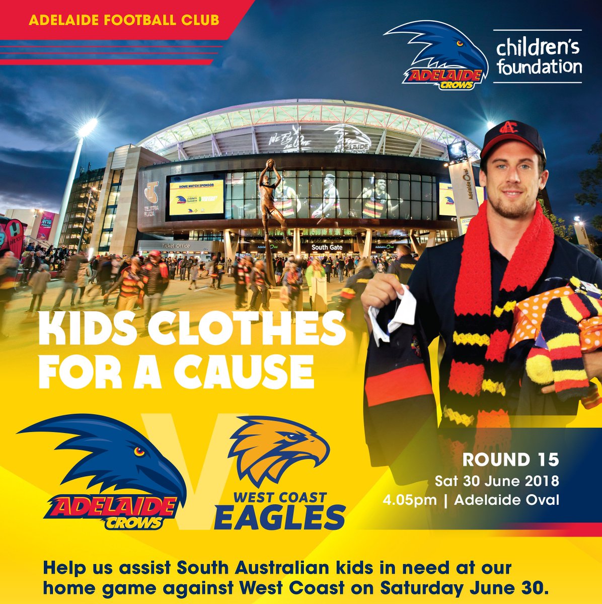 We'd love your help in providing clothes to kids in need at our next Camp KickStart! Thanks to the @CrowsFoundation, we'll be collecting new clothes for them at this Saturday's game at @TheAdelaideOval. Thank you so much for your support. We know the kids will be so grateful :)