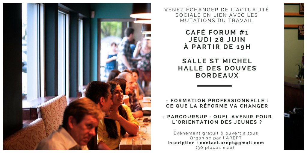 areptaquitaine's tweet photo. Ce soir à @Bordeaux se tiendra un café-forum ouvert à tous. A partir de 19h, venez vous informer et échanger autour de #Parcoursup et de la réforme de la #FormationProfessionnelle. Analyse et décryptage par des Psychologues du Travail.  @parcoursup_info @Minist_Travail https://t.co/XnImtg70fV