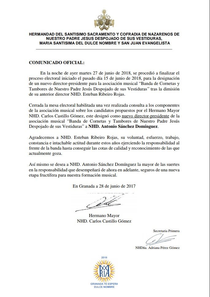HdadDespojado's tweet photo. Comunicado oficial de la Hermandad. https://t.co/eggaii1fdy