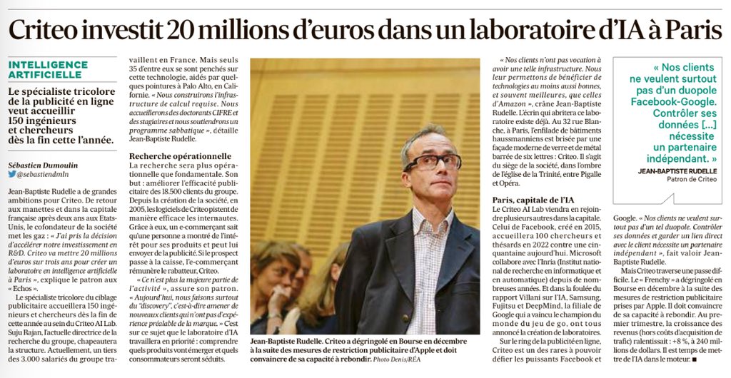 RMconseil's tweet photo. Criteo investit 20 millions d’euros dans un laboratoire d’IA à Paris @sebastiendmln @LesEchos https://t.co/uaVrH18xXS