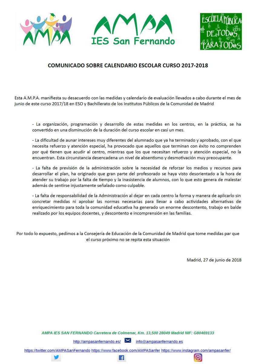 Emitimos el siguiente comunicado, mostrando nuestro malestar y  desacuerdo con la gestión por parte de la Consejería de Educación de la <a href="/ComunidadMadrid/">Comunidad de Madrid</a> del #calendarioescolar de este curso #AMPAIESSanfer 
ampasanfernando.es/comunicado-sob…