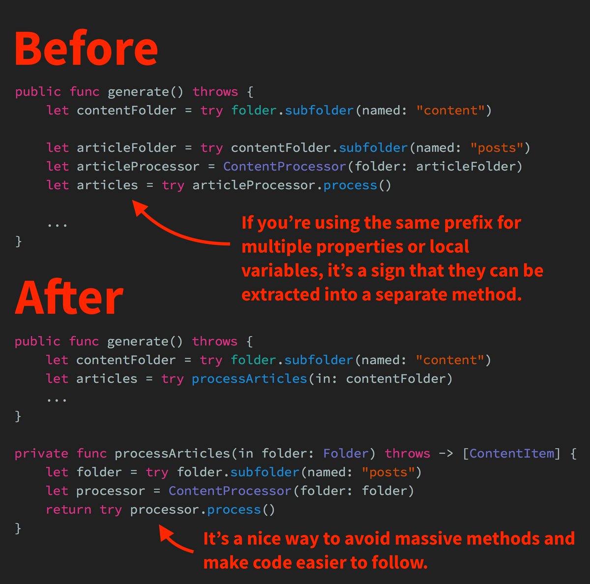 Code sample showing extracting variables into their own method.