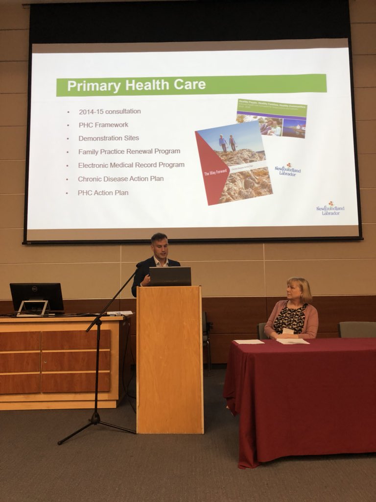 MUN_PHRU's tweet photo. Cameron Campbell from @HCS_GovNL shares how the Towards Recovery Action plan intersects with our chronic disease and primary care action plans and frameworks #PriFor2018 https://t.co/LIK6K3VdCS