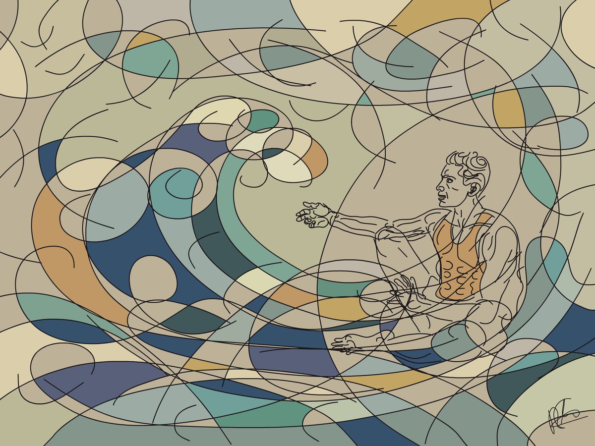 HalNymen's tweet photo. "The Stream of Abstractions" 
 When Tarek finally climbed to the source
 the stream surprised him with unusually shaped
 ripples and twirls.
#contemporaryart #portrait #modernart #drawing #source #abstractart #art #stream #abstract #creative https://t.co/954RvPBoie