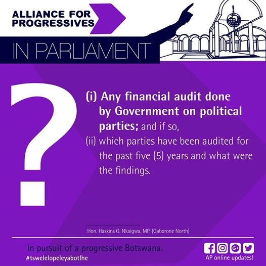 AP_inContact's tweet photo. BOTSWANA NATIONAL ASSEMBLY ORDER PAPER FOR WEDNESDAY 27TH JUNE, 2018 QUESTIONS H. G. NKAIGWA, MP. (GABORONE NORTH): To ask the Minister of Nationality, Immigration and Gender Affairs:... (i) if there is any financial audit done by Government on political parties... https://t.co/3gsEZR6xwV