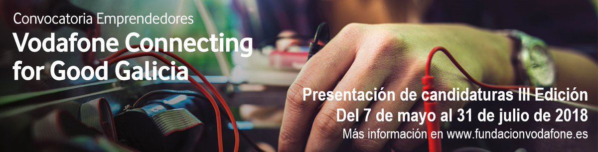 ✅¡RECUERDA! ✅Abierto el plazo de inscripción de la III Edición de la Convocatoria para Emprendedores ‘Vodafone Connecting for good Galicia’ 
¡Un "retuit" para darle difusión! 🔃
Queremos que tu proyecto se haga realidad 👏 bit.ly/2rH8AYf