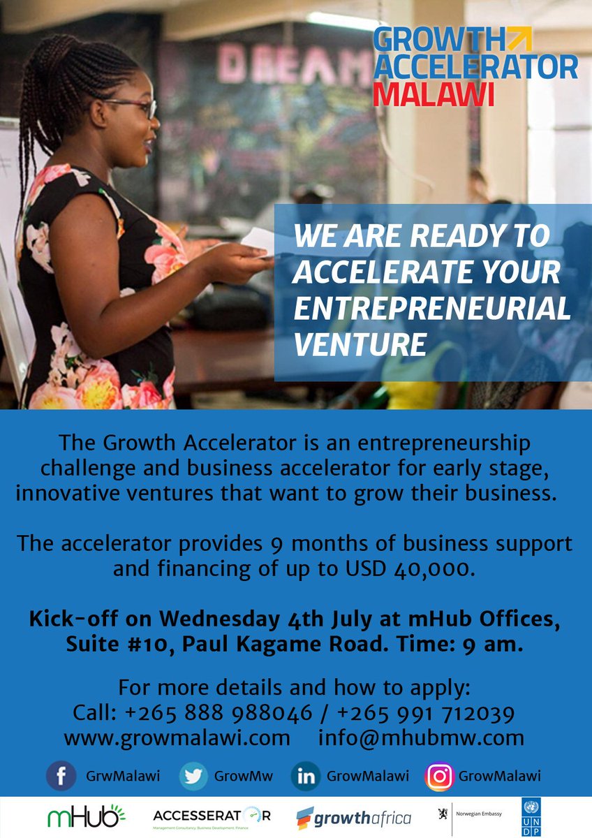 mHubMW's tweet image. The long awaited Kick-off of the @GrowMw Growth Accelerator Entrepreneurship Challenge is here!

Are you an innovative entrepreneur seeking financing and technical assistance to become investment ready? Then this is for you!

Join us on 4th July, 2018. 9am-12pm. MHub. Lilongwe.