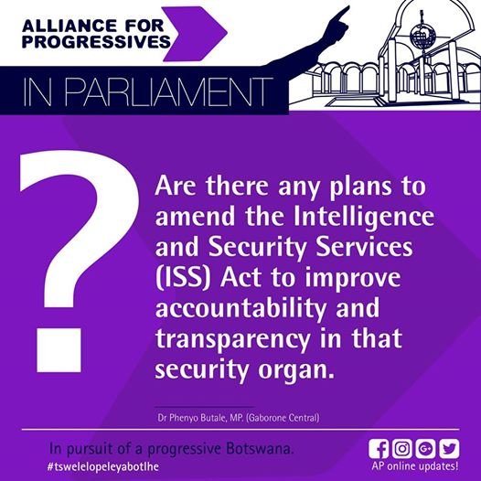 AP_inContact's tweet photo. BOTSWANA NATIONAL ASSEMBLY ORDER PAPER
 FOR THUR 28TH JUNE, 2018 QUESTIONS: DR. P. BUTALE, MP. (G/CENTRAL): To ask the Min. for Presidential Affairs, Governance &amp; Public Administration whether there are any plans to amend the Intelligence and Security Services (ISS) Act ... https://t.co/CO44Yrc3OD