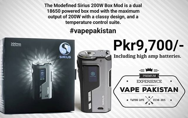 VapePakistan's tweet photo. Modefined Sirius 200W TC Box Mod ₨ 7,500.00 + 2200

#vape #vapeporn #vapelife #vapeon #vaper #vapefam #worldwidevapers #vapefriends #vapeenthusiast #vapeeveryday #vapers #vapetricks #vapepk #vapeinstead #vapeart #vapeallday #vapestagram #vapedaily #v… https://t.co/mMGszVupU6 https://t.co/G2cL9J6PWM