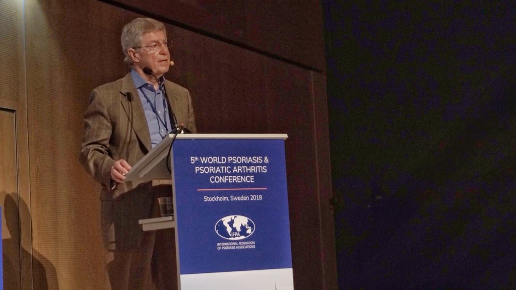 psorphil's tweet photo. Dr. Gerlad Krueger discussing that #psoriasis &amp; #PsoriaticArthritis is a complex multigenic disease that has a genetic correlation with other risk factors such as cardiovascular disease and diabetes. @PsoriasisIFPA @PSOCoalition @NCDalliance @beatNCDs #WPPAC18 #NCDs #beatNCDs https://t.co/kxbkVcm6nt