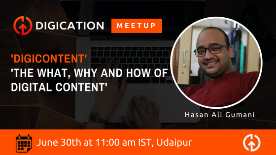 Digification_'s tweet photo. #WeLoveSaturdays #Meetup #Udaipur
We, at Digication, are all set to bid adieu to this week with learnings on one of the critical aspects of digital marketing - Content.
Meetup, Chat, Learning and Activities with a Content Expert!
Hasan Ali Gumani: An author &amp; content creator. https://t.co/jZnOCQH0Tm