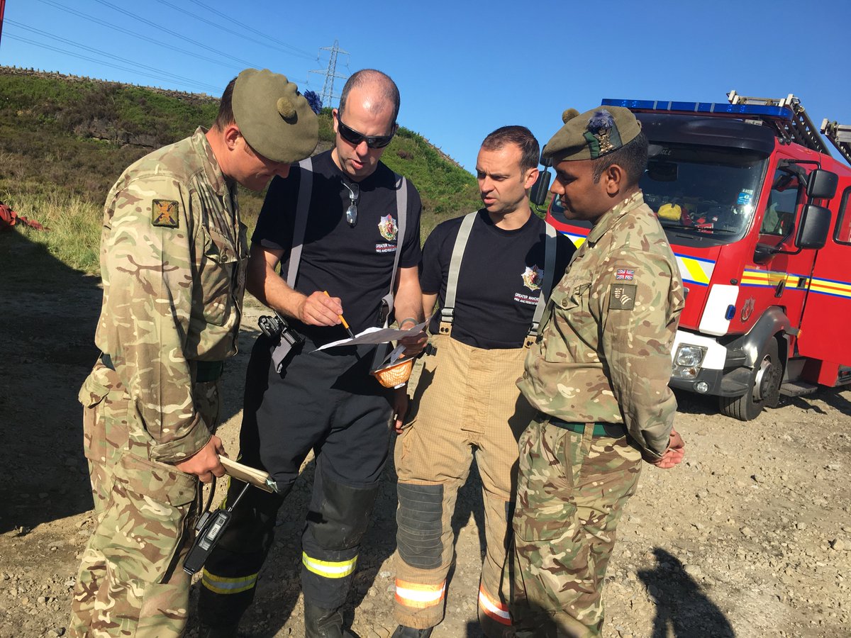 Soldiers from 4 SCOTS arrive on the ground to conduct a recce with fire fighters from <a href="/manchesterfire/">Greater Manchester Fire and Rescue Service</a> .  There are currently 100 soldiers from 4 SCOTS deployed alongside the fire service at Saddleworth Moor.