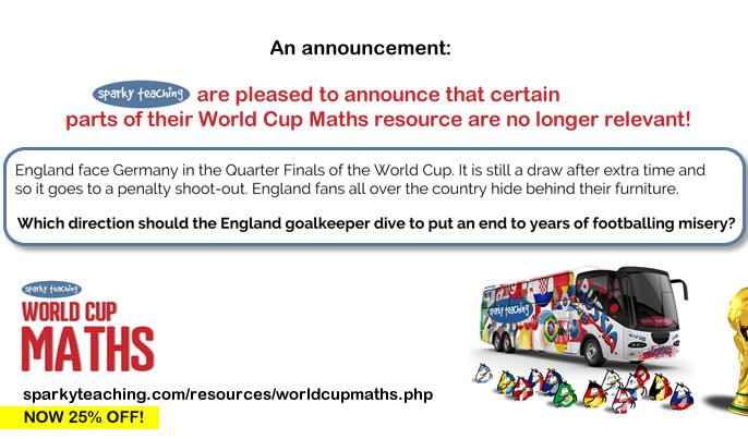 SparkyTeaching (@sparkyteaching) on Twitter photo AN ANNOUNCEMENT:
We are pleased to announce that certain parts of our #WorldCup Maths resource are now no longer relevant!
sparkyteaching.com/resources/worl… AN ANNOUNCEMENT:
We are pleased to announce that certain parts of our #WorldCup Maths resource are now no longer relevant!
sparkyteaching.com/resources/worl…