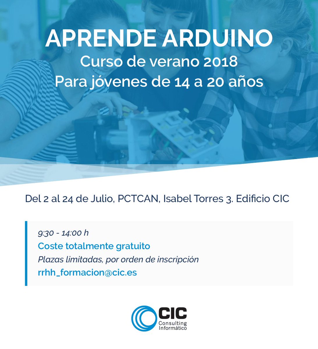 CICactualidad's tweet image. En CIC ponemos la tecnología al alcance de los más jóvenes. Si tienes entre 14 y 20 años envíanos un correo e inscríbete al curso de introducción a la programación gráfica con Arduino. Comenzamos el 2 de julio. #Arduino #Santander #CursoDeProgramación