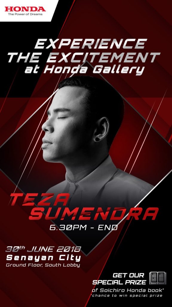 Yuk nonton pertunjukan Teza Sumendra dan dapatkan hadiah menarik hanya di Honda Gallery, 30 Juni 2018 pukul 18.30 di Ground Floor Senayan City Mall, Jakarta. 
Apabila beruntung, kamu akan mendapatkan komik biografi Soichiro Honda yang seru dan inspiratif! 
#HondaGallery_id