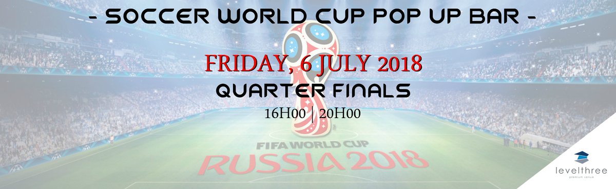 We will be open on Friday 6 July screening the quarter finals. Bring a few friends and make a night of it! Take advantage of our R20 drink specials for beers, spirits and shooters! A select food menu will be available.

Table bookings available, email info@levelthree.co.za.