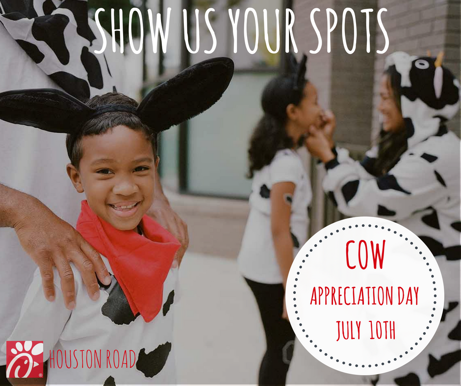 CFA_yall's tweet photo. Hey y'all, Cow Appreciation Day is July 10th!
Get dressed up like a cow and receive your FREE breakfast/lunch/dinner entrée (excludes entrée salads). 
6:30am-7pm 

#cowappreciationday
#freegrazing
#cfahoustonrd https://t.co/Mby9l3VWEd