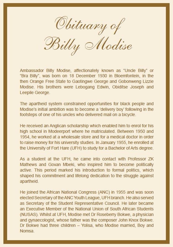 GovernmentZA's tweet photo. Obituary of the late Ambassador Billy Modise https://t.co/z6InJco4F9