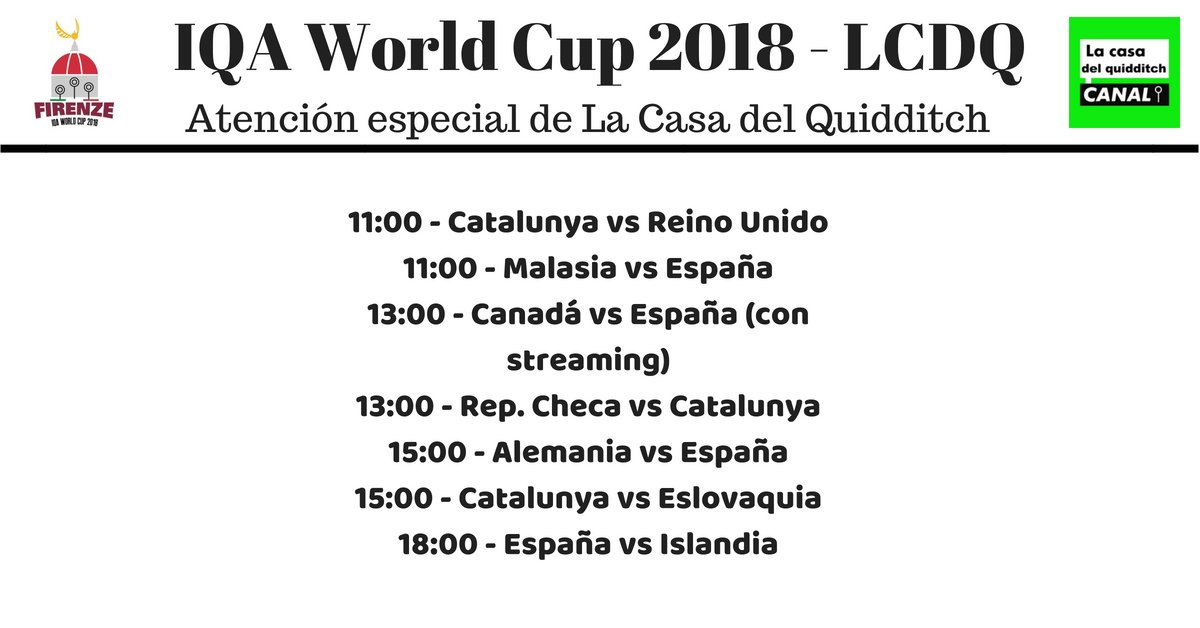 CasaQuidditch's tweet photo. ¡Último sprint antes del #Mundial2018!

Aquí os dejamos los horarios del streaming oficial y los horarios de los partidos de #España y #Catalunya, de los que estaremos siempre muy atentos.

¡Inscribíos ya a nuestro canal de YouTube! https://t.co/pq5ILJ7xEJ