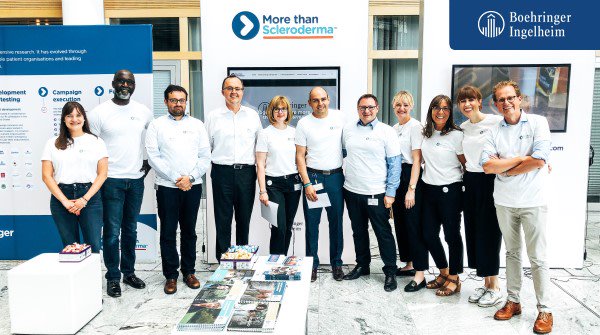Boehringer's tweet image. Yesterday, we have been introducing #MoreThanScleroderma to our colleagues. Watch out for new inspiring stories from loved ones of people living with #scleroderma for #WorldSclerodermaDay this Friday.