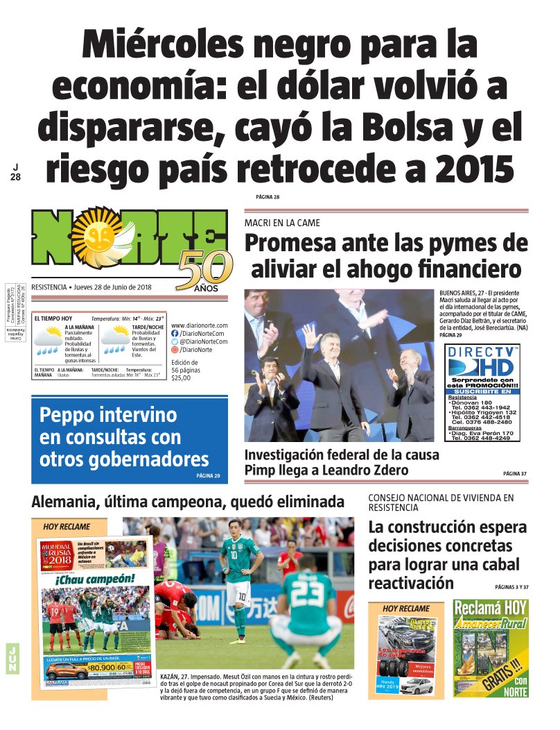 DiarioNorteCom's tweet photo. Estos son los temas del día #28deJunio en Diario Norte

👨‍💼#subiódolar 😮➡️ #cayóbolsa
❗#MacrienCAME 
🚛#causaPIMP @LeandroZdero 
✅#Peppo
🇩🇪 #Alemaniaeliminada
#ConsejoNacionaldeVivienda #Resistencia https://t.co/QI22gmGTmV