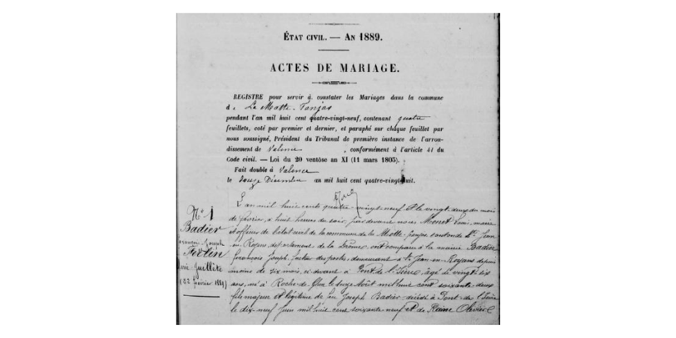 LDGenealogie's tweet photo. #1J1Ancêtre #FERLIN Marie Juliette mon #AAGM est née ce 28/06/1865 à La Motte Fanjas (26) fille de Jean Louis &amp; #MORARD Caroline, elle épouse #BADIER François Joseph le 22/02/1889 dans la même commune. 
Ils auront deux enfants Louis Marius l'aîné et sa soeur mon #AGM Julienne. https://t.co/Oxv0NCaDwf