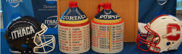 1959: The first Cortaca Jug football game against Ithaca College is played. Thomas Decker ’61 bought a jug for $2 at a yard sale in nearby Homer, N.Y. The 60th annual meeting between the teams takes place in Cortland on Nov. 10. #Cortland150