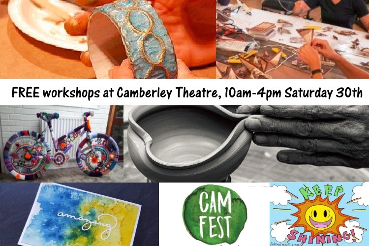 Why not join in FREE workshops in Camberley Theatre from 10am-4pm? Everything from animation for children, dry clay modelling for adults, pottery painting and brass rubbing for all! Check out the buff.ly/2JCTriA #camfest2018 #camberleytheatre