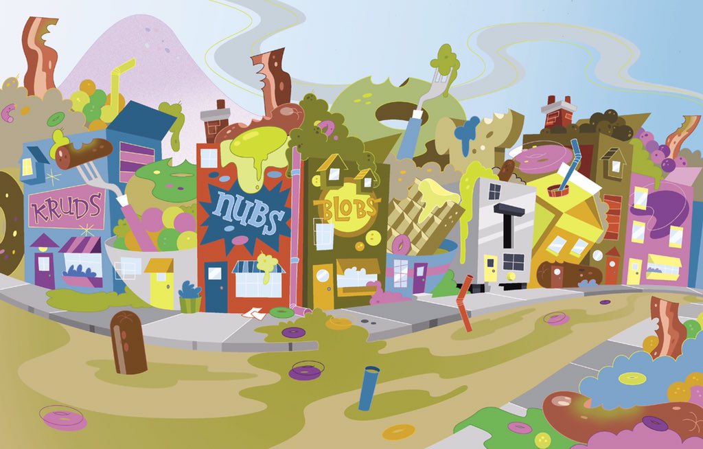 garnetso's tweet photo. Throwing back to the first project @jareddeal and I developed. “Flakes”...about a bunch of wacky Cerealebrities (cereal mascots) in Breakfastown. Found some OG rough bgs and Color. Almost made it on the tube! #OGflakes #crunchynotsoggy #artdirection #visdev https://t.co/XQsX9yQNMI