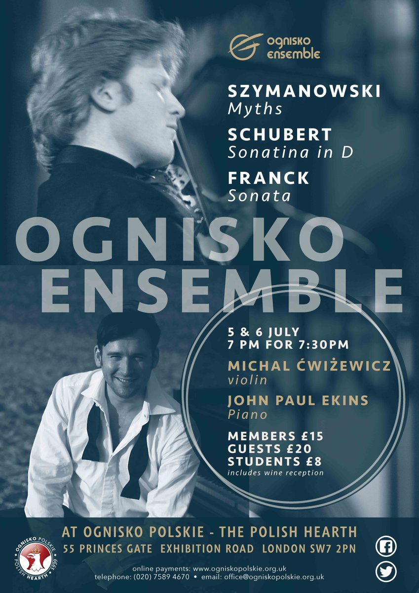 5 &amp; 6.7.18-Join us for sublime music from Michał Ćwiżewicz &amp; John Paul Ekins in the beautiful and cool Ballroom. #szymanowski #schubert #franck <a href="/OgniskoEnsemble/">Ognisko Ensemble</a> <a href="/FlyingFiddler/">Michał Ćwiżewicz</a> @OgniskoRest <a href="/SouthKensington/">Discover South Ken</a> <a href="/kcwc_womensclub/">KCWC International Women in London</a> <a href="/KensingtonMag/">Kensington Magazine</a> <a href="/SouthKensington/">Discover South Ken</a>