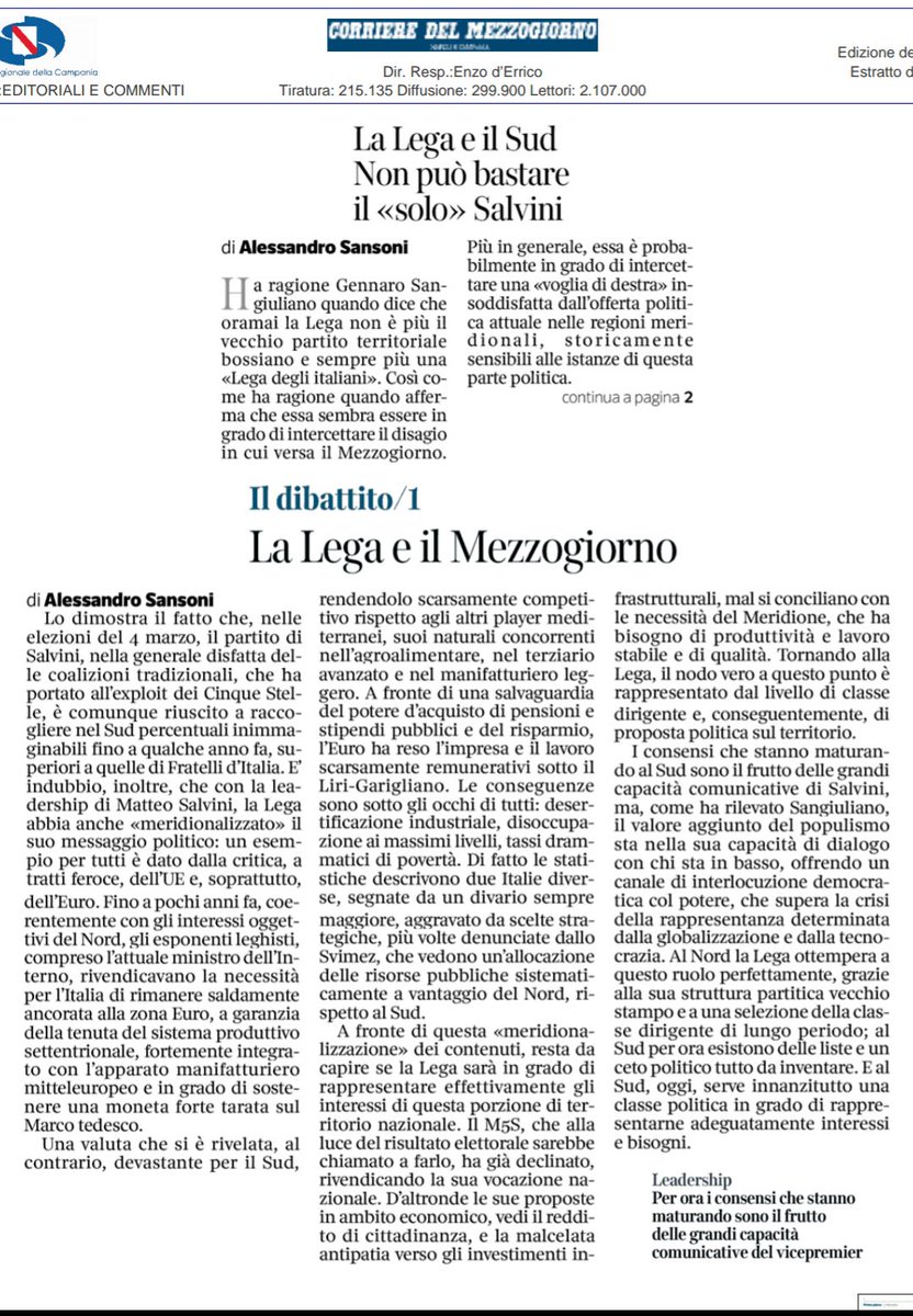 #dibattito <a href="/LegaSalvini/">Lega - Salvini Premier</a> e #mezzogiorno <a href="/matteosalvinimi/">Matteo Salvini</a> c'è e il resto? Un mio intervento sul <a href="/corrmezzogiorno/">CorriereMezzogiorno</a> <a href="/santangelo_s/">Salvatore Santangelo</a> @GenSangiuliano <a href="/alessiopost/">Alessio Postiglione</a> @a_g_giuli <a href="/edosyloslabini/">edoardo sylos labini</a> <a href="/mdemarco55/">marco demarco</a> @