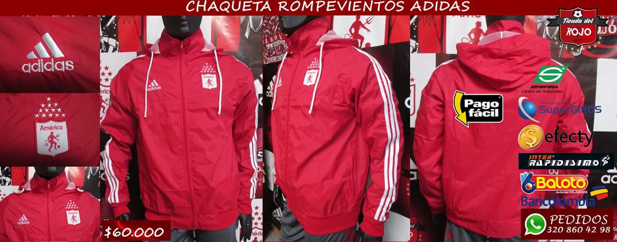AMERICA DE CALI on X CHAQUETA ROMPEVIENTOS ADIDAS Calidad 1000 garantizada garantia TiendaDelRojoColombia sello de Calidad Todas las tallas S M L XL Buen Material Chaqueta totalmente