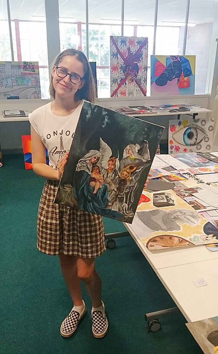 BryntirionART's tweet photo. A big thank you to all the pupils who came to view the GCSE &amp; A-Level Exhibition yesterday. We were so proud to see all of your hard work and effort on display. Special thank you and well done to Mia, Abbie, Phoebe &amp; Hannah who let us photograph them with their work! #TeamArt https://t.co/ipPtZRQ2jk