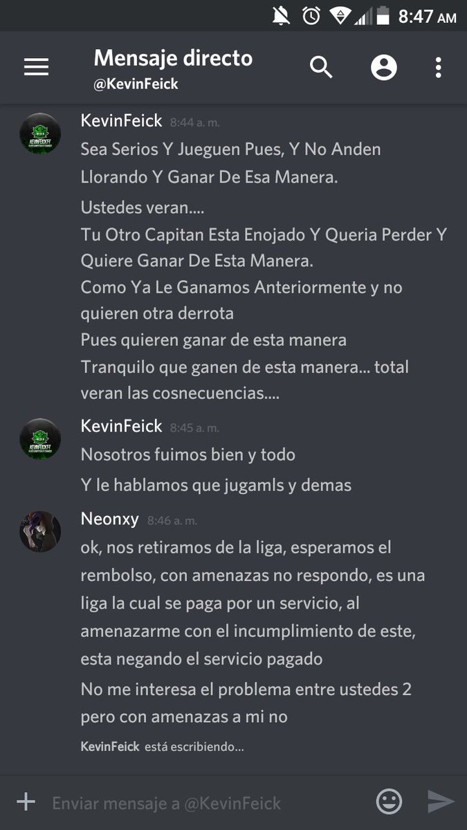 Buenas tardes, hoy vengo a denunciar a @Kevin_GFX_TW Capitán de @TeamWeed_CR 
Al haber un problema entre el y uno de mis capitanes, el viene amenazando con sacarnos de su liga <a href="/MasterCupLatam/">MastersCup</a> 
Es lamentable la actitud de este sujeto y la poca profesionalidad como Liga.