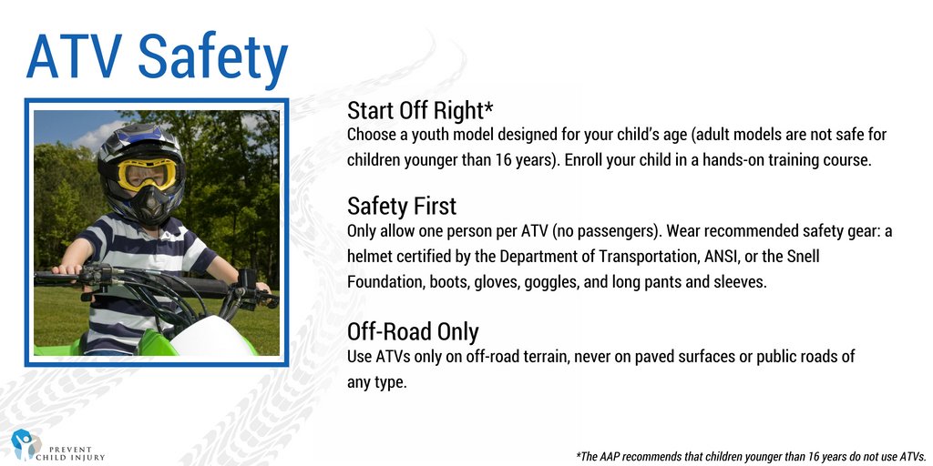 EndInjury's tweet photo. RT @PreventChildInj: ATVs: as fast as a car without the protections of doors, seat belts, and airbags. If you let your child use an ATV, follow these tips to keep them a little safer. #ATVsafety https://t.co/cKNUpt7xdO
