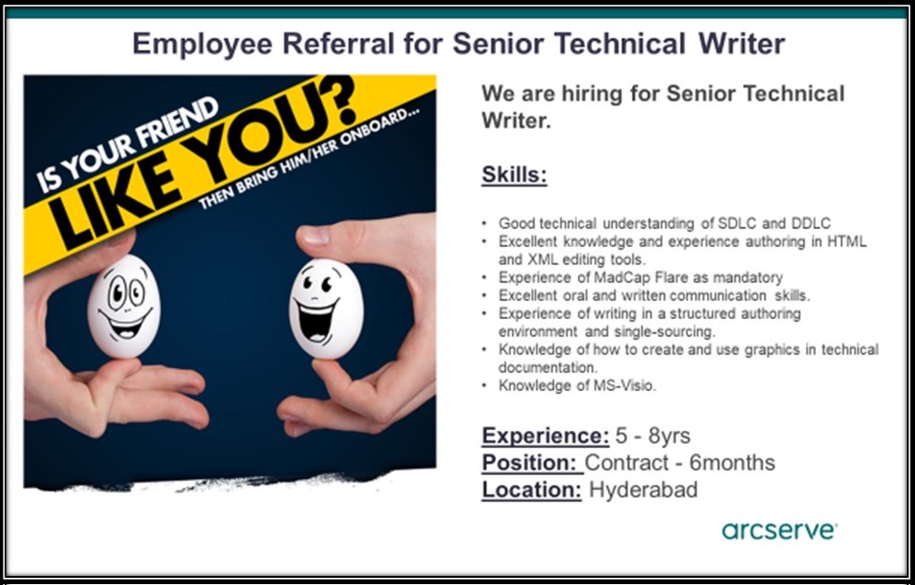 OfHyderabad's tweet photo. Job for #TechnicalCommunicator at Hyderabad office of Arcserve, India. Respond for referrals. https://t.co/IENvnVQPhM