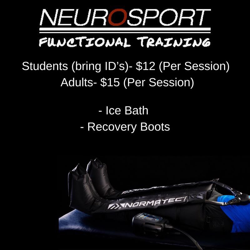 Calling all athletes! Our current deal at our Functional Training location! Discount on an ice bath or recovery boots in our recovery room. Have you checked it out yet? Flash us your student ID for an even better deal!
