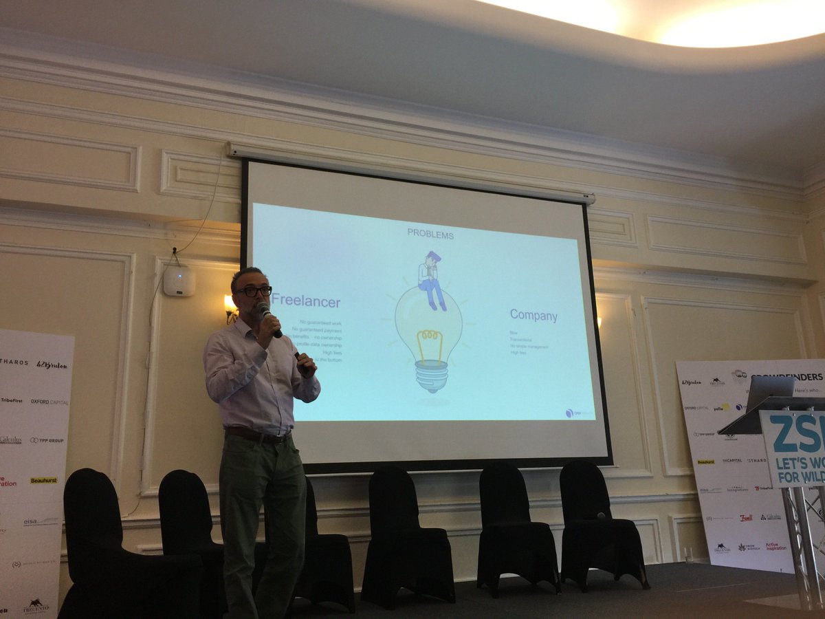 Our CEO and Founder Jose Senent presenting his live pitch this afternoon at #WhosWhoinTheZoo #London #blockchain #freelance #FutureOfWork <a href="/Crowdfinders/">Crowdfinders</a>