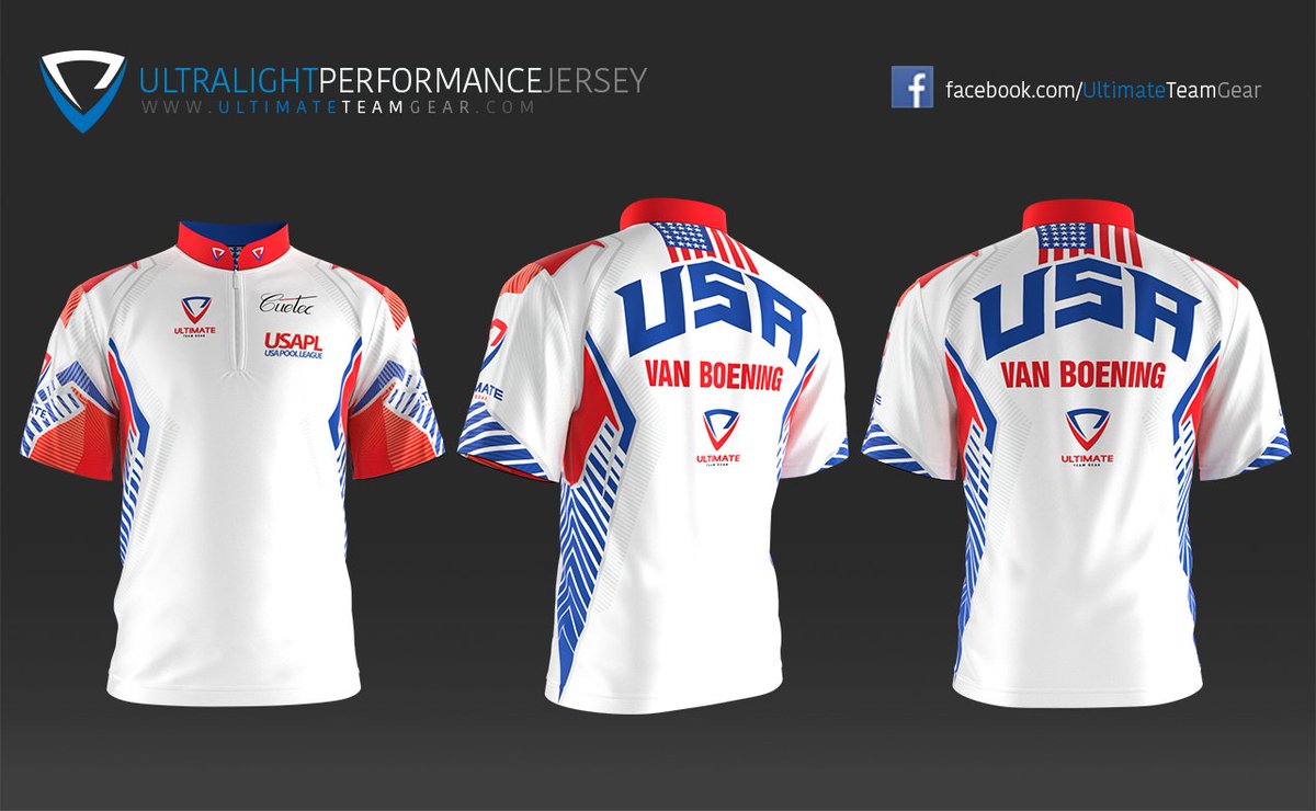 <a href="/ULTIMATEAMGEAR/">Ultimate Team Gear</a> sponsored player <a href="/ShaneVanBoening/">Shane VanBoening</a> official jersey. A clean USA themed jersey for America's top pool player.