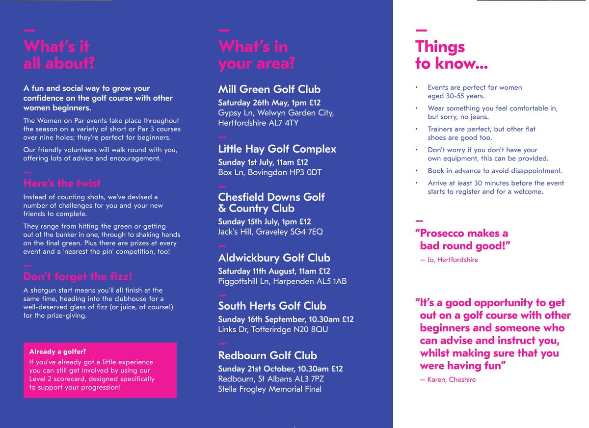 WOMEN ON PAR EVENT THIS SUNDAY IN HERTS...
<a href="/littlehaygolfc1/">Little Hay Golf Club</a> in #Hertfordshire
📅Sunday 1st July 
⏲️Starts at 11am
➡️Places still available, book online at getintogolf.org  and search for the club's postcode in the photo below.
#funfizzfriendship #getintogolf