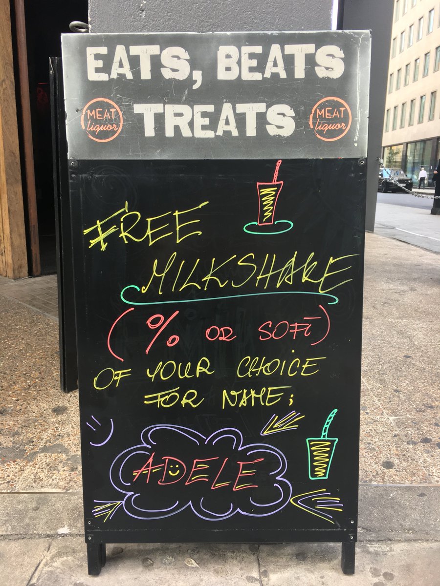 MEATLiquor's tweet photo. Forget about #freeburgers, on a hot day like today we want #freemilkshakes !! 🍨And we're giving them away today for anyone named #Adele 😎#tagamate #MEATliquor https://t.co/387F9102Ta