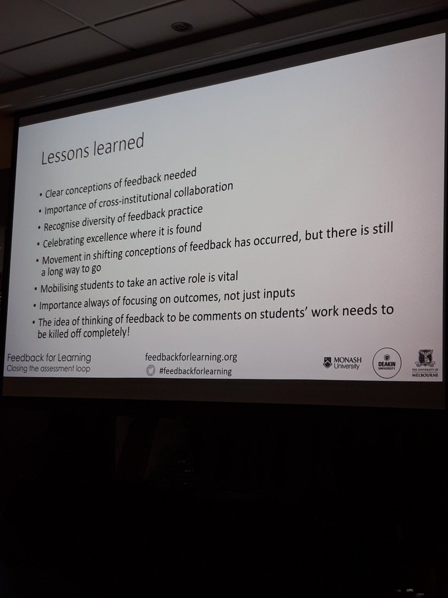 Tina_Harvey77's tweet photo. 'The idea of thinking of feedback to be comments on students' work needs to be killed off!' 
Interesting statement from David Boud #AssessmentHEconf 
#feedbackforlearning https://t.co/rxS9uyrX3b