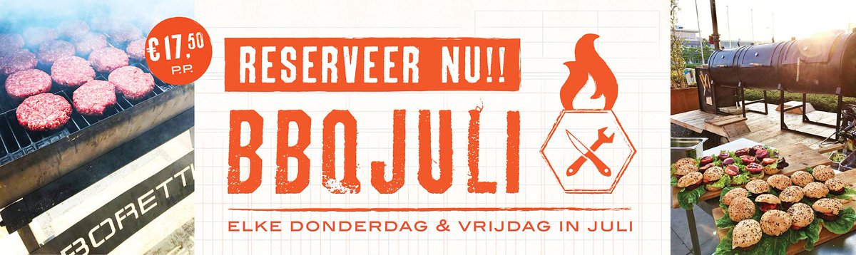 BBQJULI [spreek uit bar-bie-kjoe-lie]
Elke do &amp; vrij avond in juli #BBQ!
Voor slechts €17,50 kun je genieten van burgers, spareribs, saté, salades, friet, brood en sausjes. RESERVEER NU!!!
Meer info >> buff.ly/2yYmoor