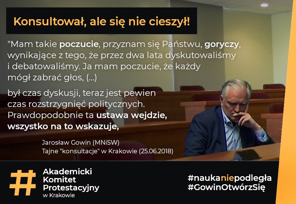 AKPwK's tweet photo. #Gowin konsultował, ale się nie cieszył. Dwa lata konsultacji, 10 tysięcy różnych opinii, a i tak środowisko jest niezadowolone. Proponujemy zamiast #ZamknięteKonsultacje zacząć słuchać co mówi #7Studentów. 

#GowinOtwórzSię #ustawa20 #naukaniepodległa #KonstytucjaDlaNauki https://t.co/QZzjXyZbML