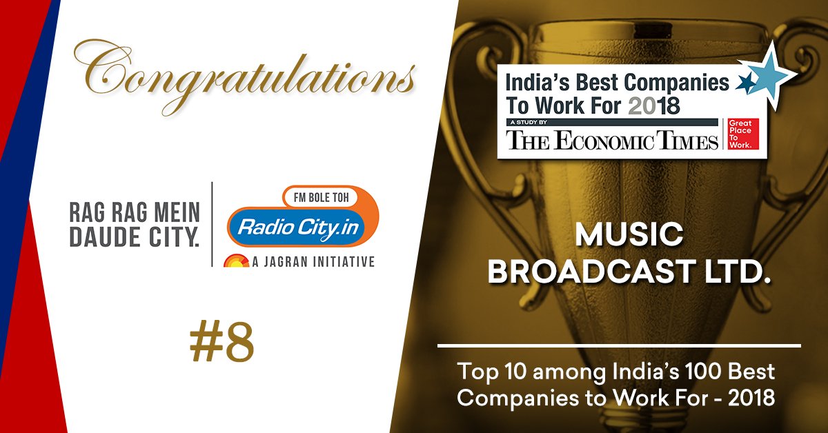 GPTW_India's tweet photo. #100BestCompanies Congratulations Music Broadcast Ltd.@radiocityindia among #Top10 India's Best Companies to Work For - 2018. Cheers! @abethomask and @snigdhatamhane @TimesAscent https://t.co/vp6Cp9l01k