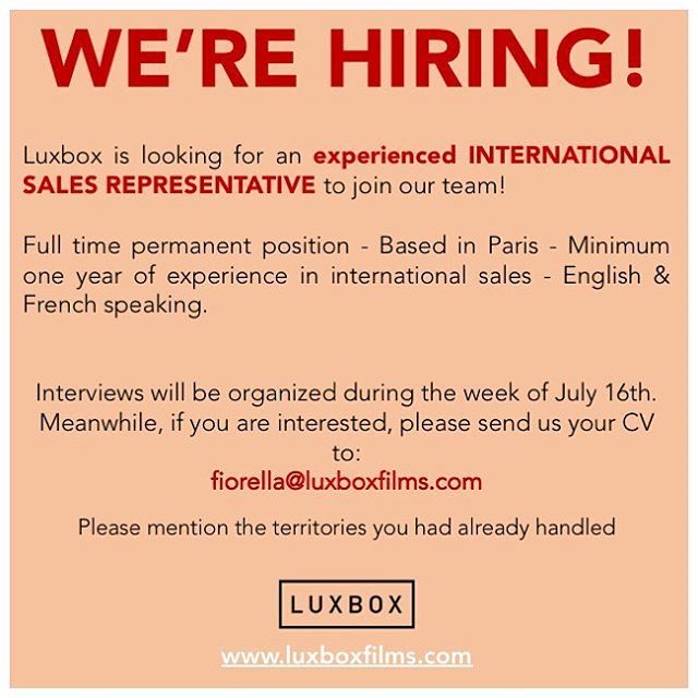 Luxboxfilms's tweet photo. We are hiring for international sales representative position! #wearehiring #filmjobs #cinemajob #luxboxfilms #purecinema https://t.co/kcT0CYnnAx