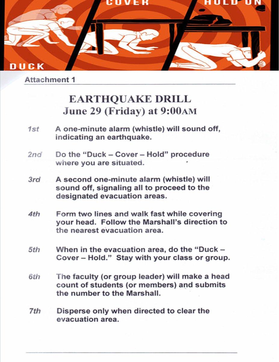 jpice_ustp's tweet photo. Advisory: University-wide Earthquake Drill on June 29 2018 (Fri)@9:00 am
Check out the EVACUATION SITES here.

Our goal: in less than 5mins, ALL must have vacated the building, reached the evac area and Ground Commander has declared CLEAR. https://t.co/SSlXszeSAu https://t.co/97YjVCorbn